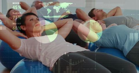 Group doing crunches on blue stability balls with fitness data overlays and analytics