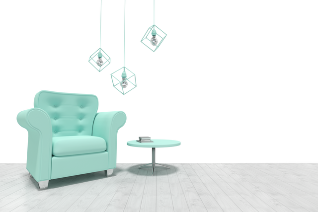 Transparent room with light turquoise armchair and hanging geometric decorations - Download Free Stock Videos Pikwizard.com