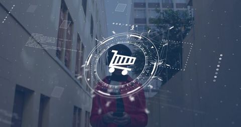 Urban shopper holding smartphone with augmented reality shopping cart interface overlay
