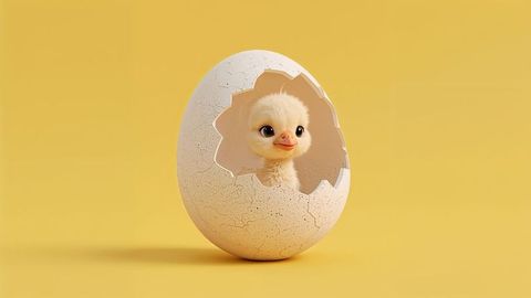 Fluffy chick emerging from eggshell on yellow background
