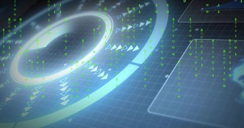 Glowing HUD ring rotating over holographic grid with falling green binary code