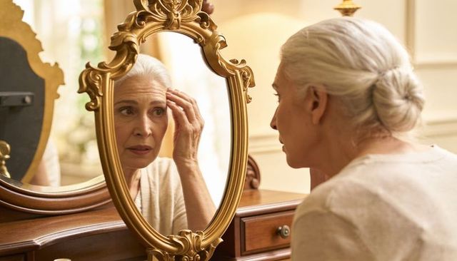Senior woman examining facial skin in ornate gold vanity mirror reflecting thoughtful moment