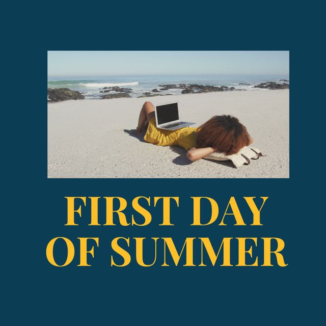 Woman Relaxing on Beach Working on Laptop First Day of Summer from ...