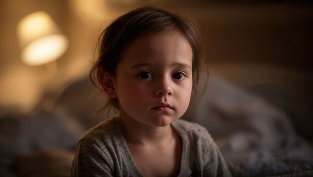 Young girl sitting on bed looking thoughtful in warm amber lamp light soft intimate portrait