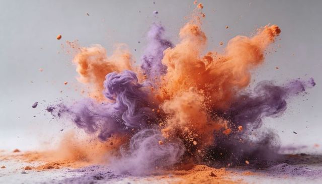 Vibrant orange and purple pigment explosion colliding and swirling on neutral backdrop