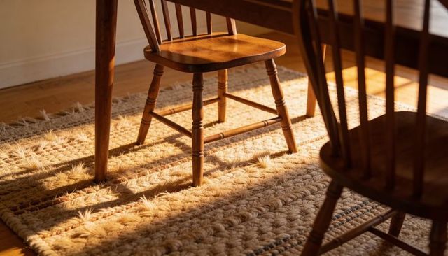 Sunlit wooden dining chairs casting long shadows on braided jute rug