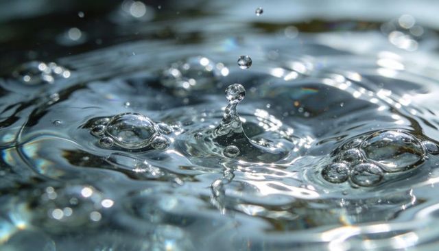 Macro water droplet crown creating ripples with sparkling reflections and bokeh