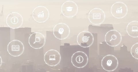 Digital Interface Icons Over Foggy Urban Skyline Illustrating Innovation