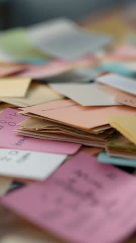Vertical video revealing textured pastel sticky notes on desk with shifting focus