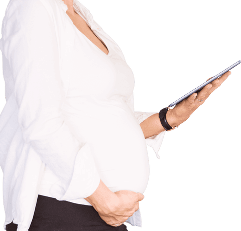 Pregnant Woman Using Tablet Interface on Transparent Background