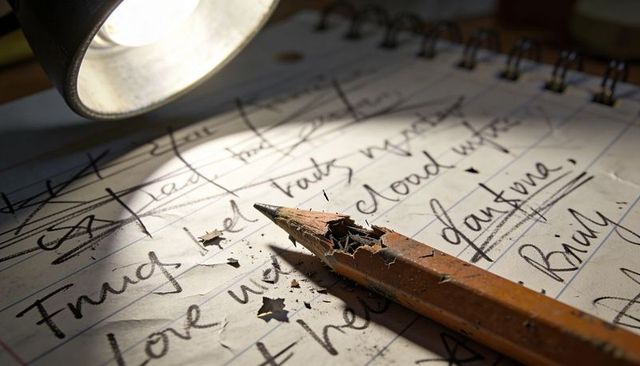 Splintered wooden pencil resting on scribbled notebook under lamp, graphite shavings