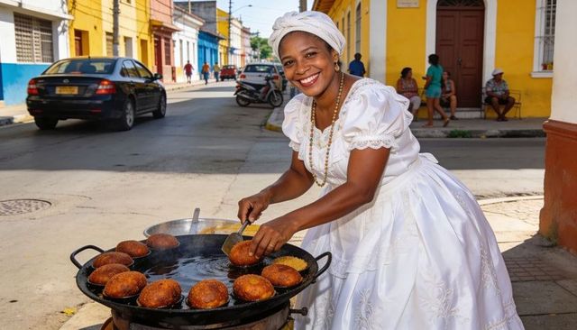 Smiling street vendor frying golden fritters in cast-iron pan on colorful colonial street