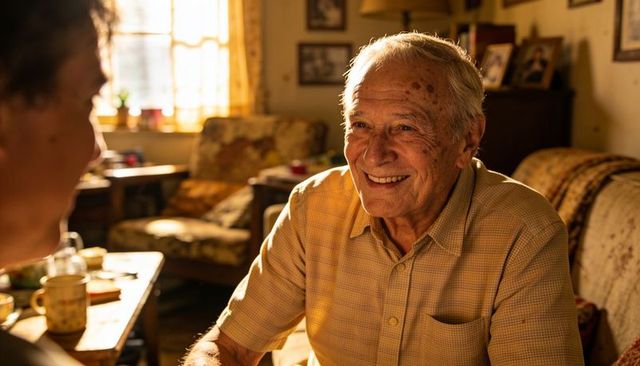 Senior man smiling in sunlit cozy living room sharing warm conversation with partner