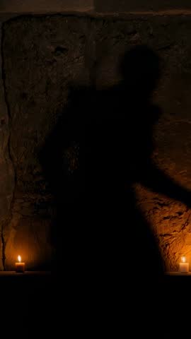 Shirtless Dancer Responding to Candle Flickers, Extending and Turning in Stone Chamber