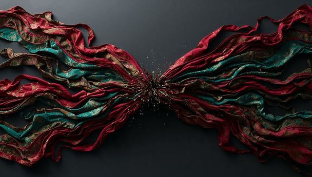 Ornate red and teal brocade ribbons flowing from central knot with gold confetti burst