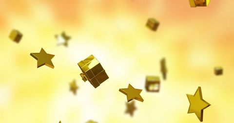 Floating golden stars and gift boxes on yellow background
