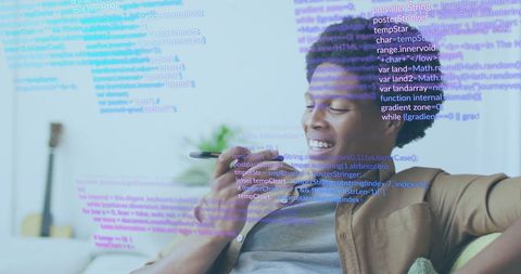 Tech-Savvy Professional Talks Business on Phone with Digital Overlay