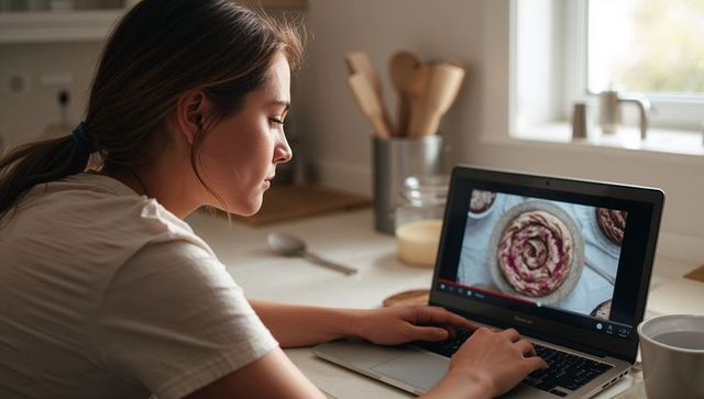 Young woman following pastry baking tutorial on laptop in cozy kitchen