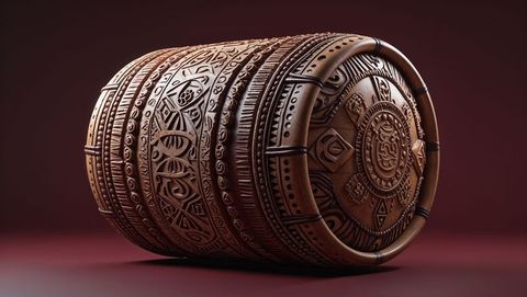 Carved wooden cylinder with intricate geometric patterns