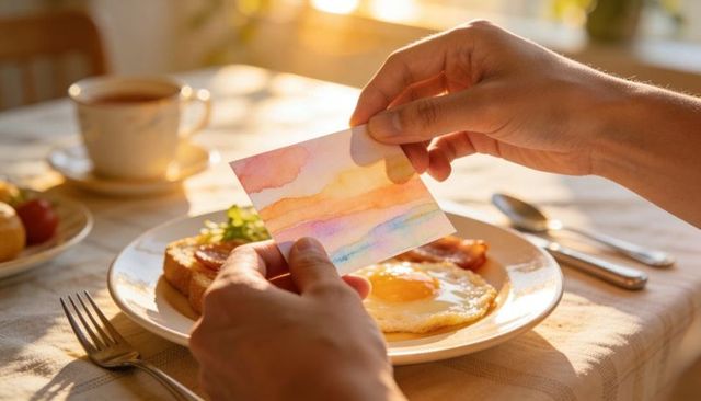 Hands holding watercolor card over sunlit breakfast plate with fried egg, toast and coffee