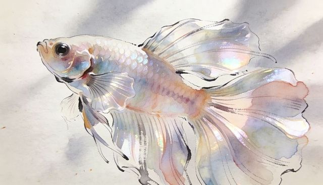Iridescent betta watercolor painting with delicate ink linework on textured paper
