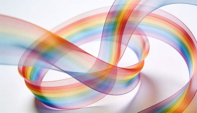 Translucent rainbow ribbon flowing across white surface, soft light, abstract minimal art
