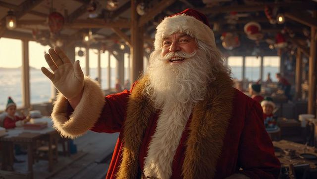Jolly santa waving inside cozy workshop by water