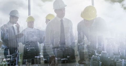 Architects Collaborating Over Cityscape Background