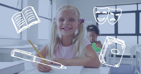 Joyful Schoolgirl Surrounded by Literature Icons in Classroom - Download Free Stock Images Pikwizard.com