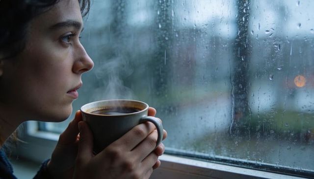 Woman cradling steaming mug gazing out rainy window quiet morning solitude and calm