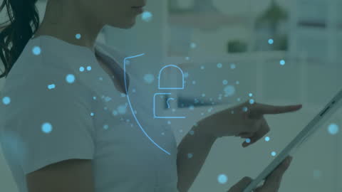 Doctor Using Tablet with Cyber Security Concept Overlay