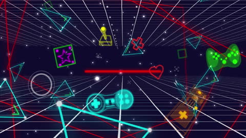 Retro Futuristic Arcade Hologram Interface with Geometric Shapes