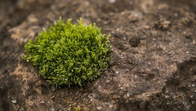 Dense green moss cushion on wet rock with dew drops — macro natural texture