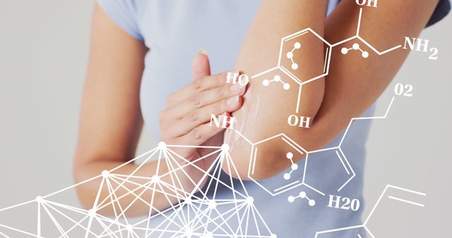 Shows woman applying skincare cream on elbow with chemical formula graphic overlay, emphasizing the scientific approach to skincare. Useful for articles or advertisements related to skincare products, beauty routines, health and wellness, dermatology treatments, or science in cosmetics.