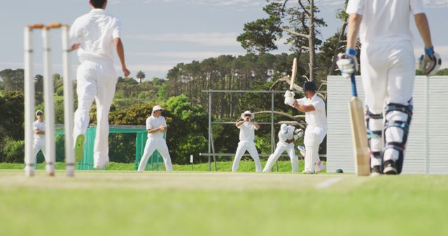 Cricket Players Engaged in Match on Green Field with Blue Sky - Download Free Stock Images Pikwizard.com