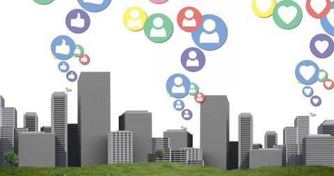 Social Media Icons Over Modern Cityscape