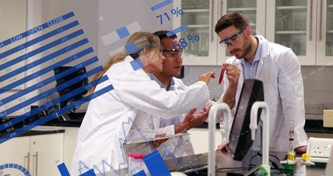 Laboratory team collaborating on sample analysis with augmented data overlays and analytics