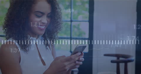 Smiling Woman Using Smartphone with Digital Financial Data Overlay