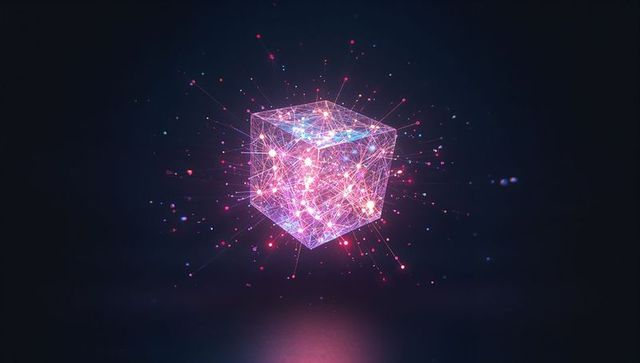 Futuristic Wireframe Neon Cube with Scattered Digital Particles
