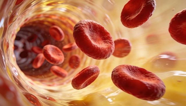 Flowing red blood cells through vessel lumen with glinting plasma highlights, erythrocytes