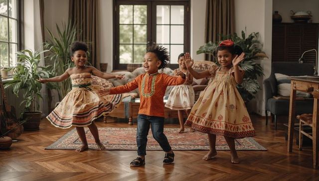 Joyful children dancing in bohemian printed dresses on hardwood floor in vintage living room