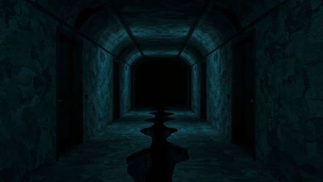 Dark Industrial Corridor with Fissure and Metal Doors