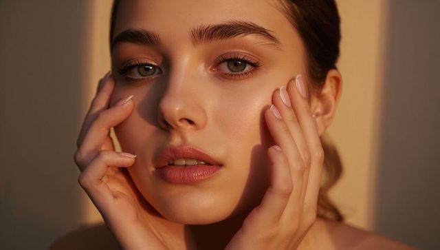 Closeup beauty portrait of woman gazing with dewy skin and hands framing face, warm glow