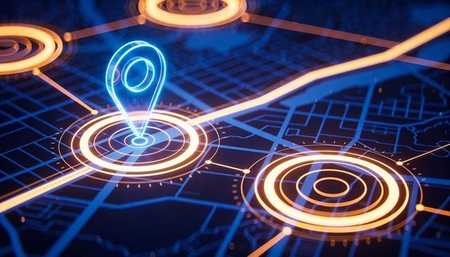 Neon location pin hovering over digital map with connected orange network rings
