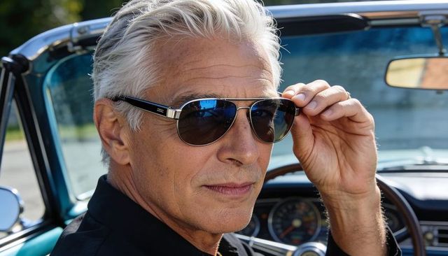 Adjusting aviator sunglasses while driving vintage teal convertible, silver-haired man portrait