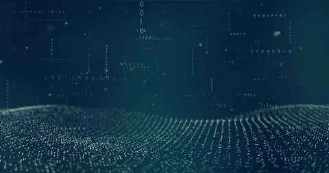 Neon Data Wave Glowing Particle Grid and Binary Terrain Visualization in Teal Cyber Mesh