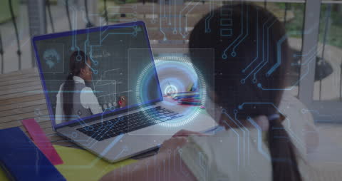 Girl Using Laptop for Online Learning with Educational Technology Graphics