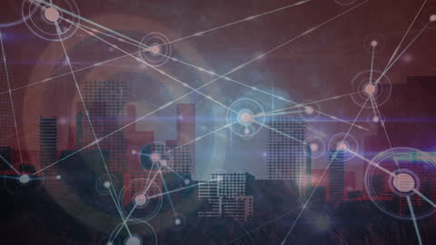 Digital Network Grid Overlay on Cityscape Background