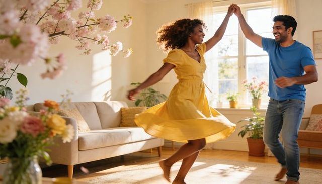 Sunlit living room couple dancing, woman in mustard yellow dress, joyful home romance