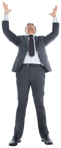 Successful Businessman in Suit Raising Arms Triumphant Transparent